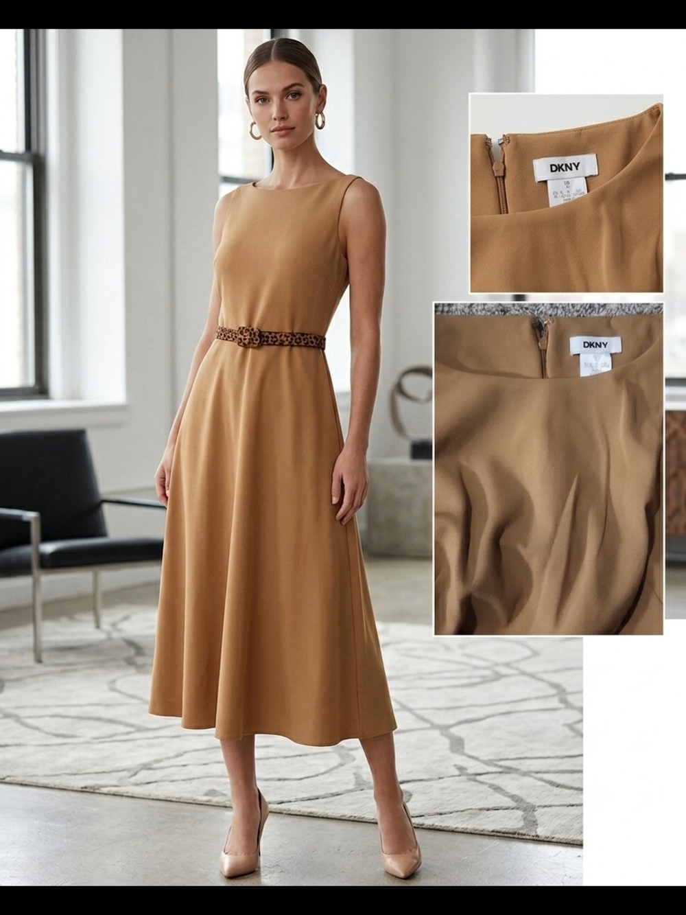 DKNY Camel Sleeveless Midi Dress